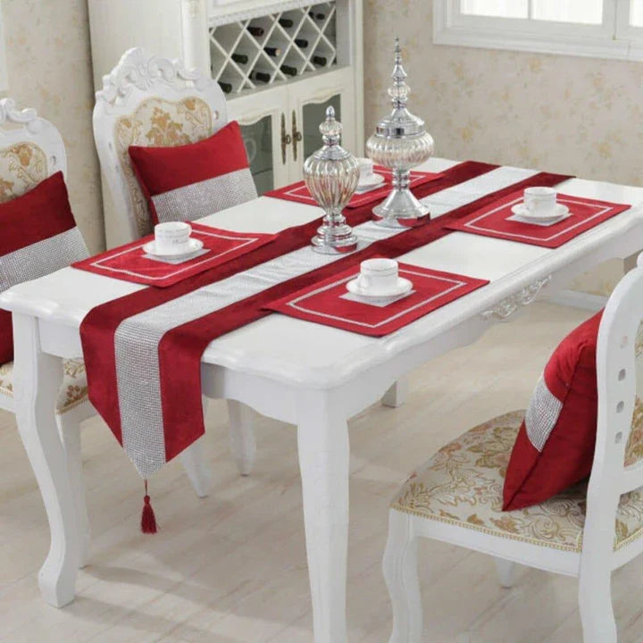 Elegant crystal-trimmed table runner with 4 coordinating beige placemats, creating a refined and sophisticated dining setting