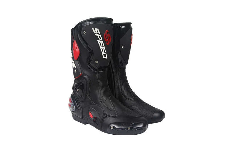 Durable all-weather motorcycle boots with microfiber leather, carbon fibre reinforcements, and shock-absorbing sole for versatile protection and style