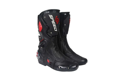 Durable all-weather motorcycle boots with microfiber leather, carbon fibre reinforcements, and shock-absorbing sole for versatile protection and style