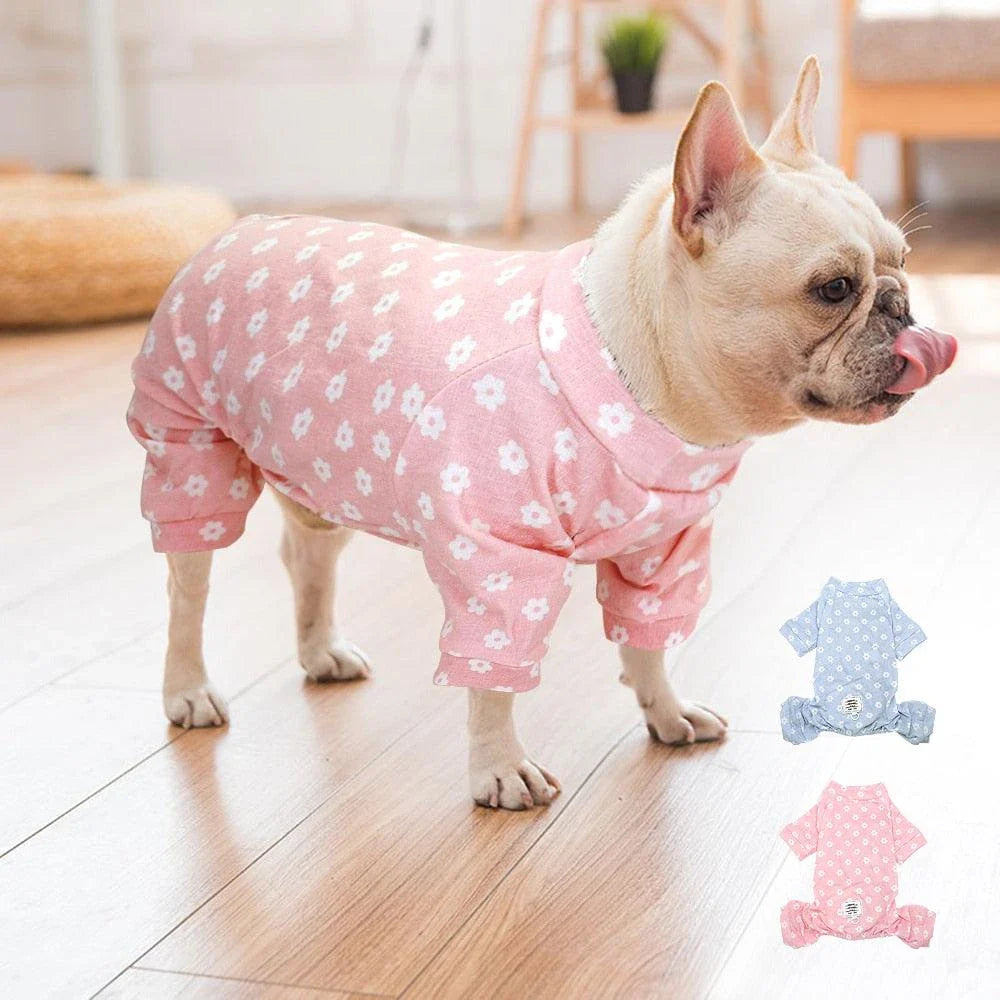 Floral dog jumpsuit in blue and pink colours, made from 100% soft cotton for comfort and style.