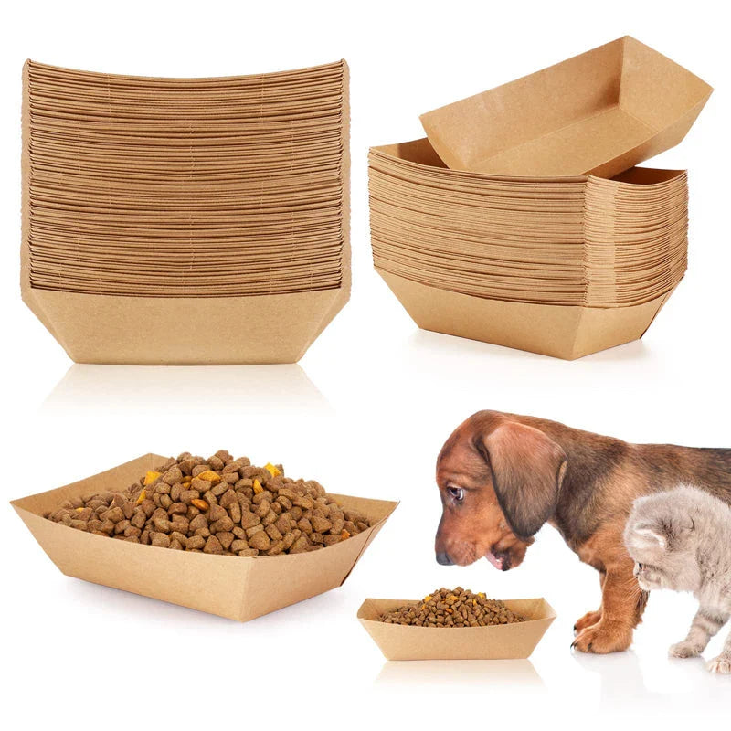 Eco-friendly disposable pet feeding bowls in beige colour, stackable and portable for convenient pet mealtimes