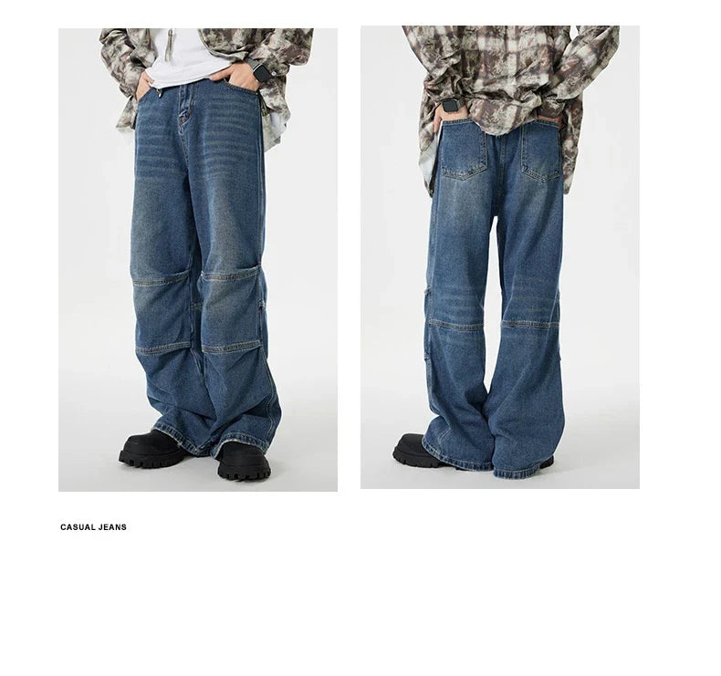Men's overalls in retro blue denim with zipper fly and comfortable mid-waist design