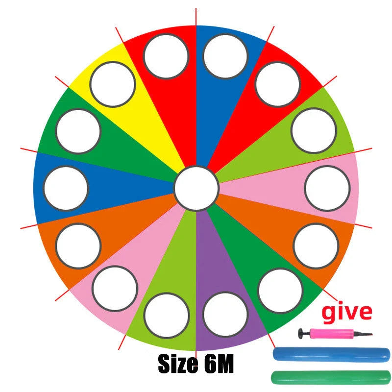 Vibrant rainbow-coloured parachute game for group play, promoting teamwork and skill development