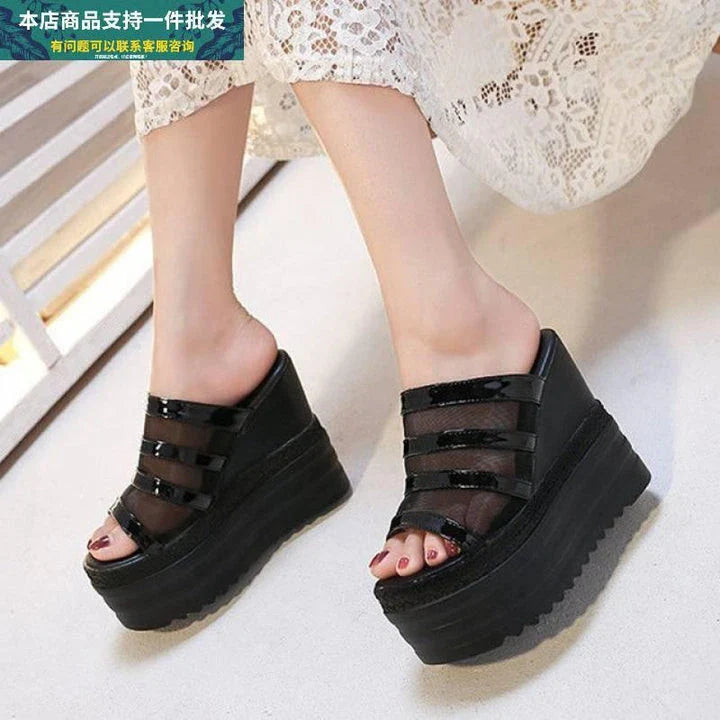 Rhinestone-embellished platform sandals with super high wedge heel and sponge cake sole