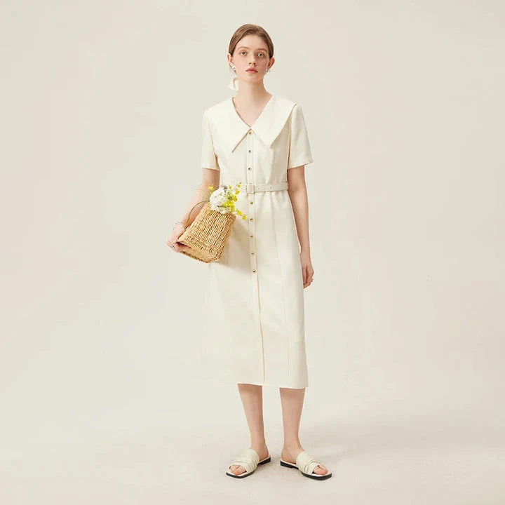 Elegant mid-calf summer dress with flattering empire waistline and adjustable belt for professional women