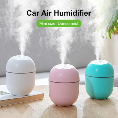 Compact ultrasonic humidifier and aroma diffuser with LED night lamp, featuring a 220 ml water tank and USB power supply
