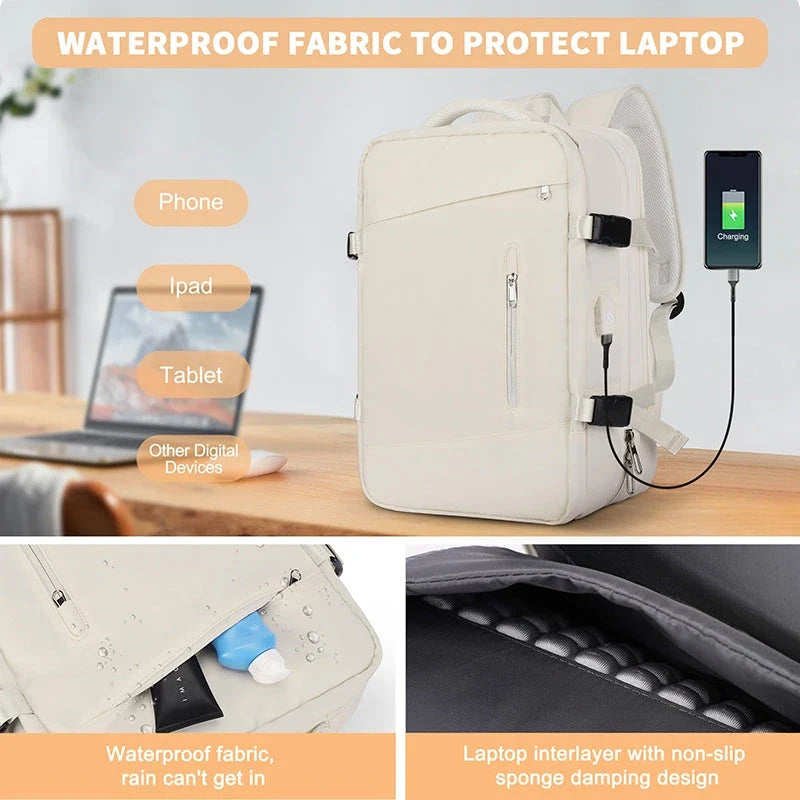 Expandable travel laptop backpack with multiple compartments and water-resistant nylon construction