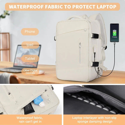 Expandable travel laptop backpack with multiple compartments and water-resistant nylon construction