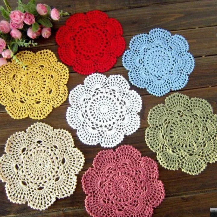 Handcrafted crochet placemats in various classic colours, showcasing the timeless elegance of British craftsmanship