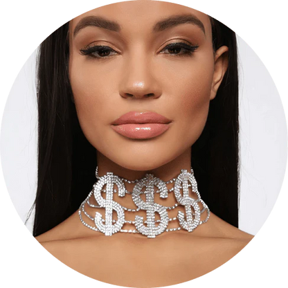 Dazzling Dollar Sign Choker: A Glamorous Accessory with Rhinestones and Gleaming Brass