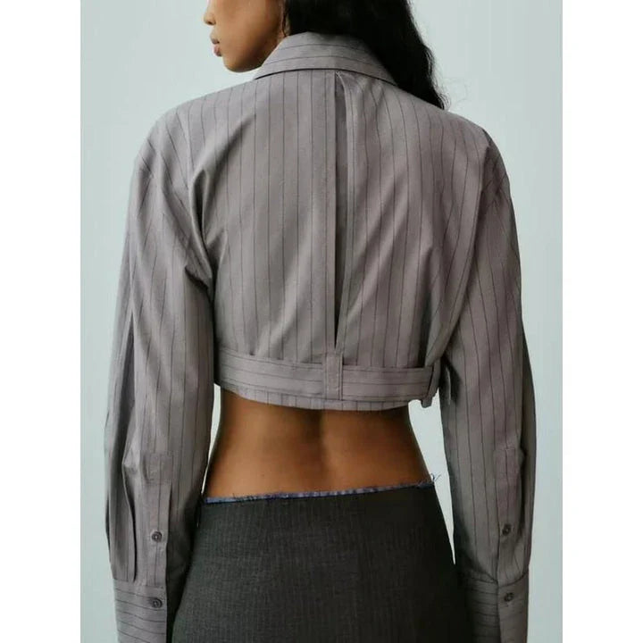 Elegant Spliced Belt Long Sleeve Casual Shirt for Women in Gray, featuring a chic solid pattern and stylish details