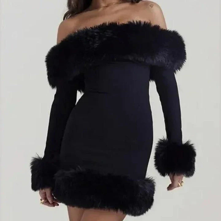 Elegant off-shoulder mini dress with fur trim, perfect for upscale autumn and winter parties