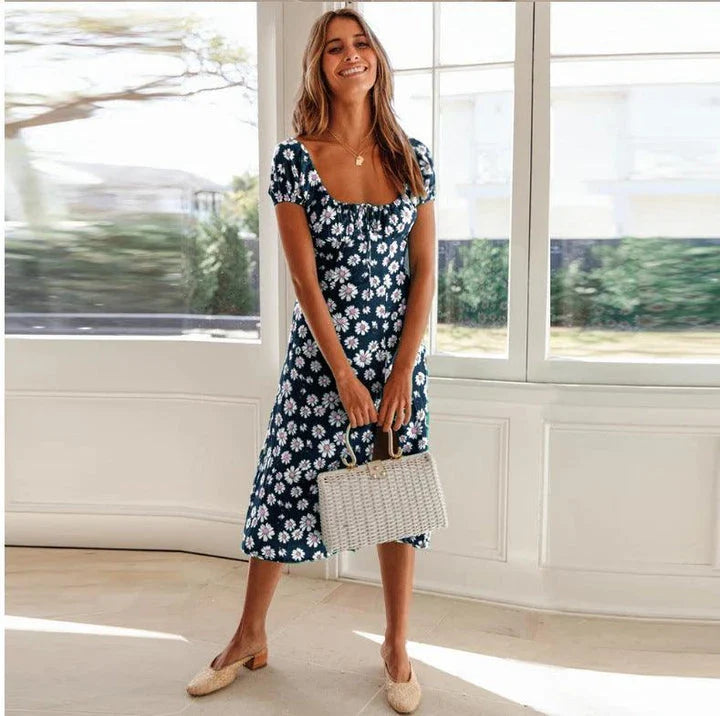 Elegant floral dress with square neckline, A-line skirt, and adjustable drawstring waist