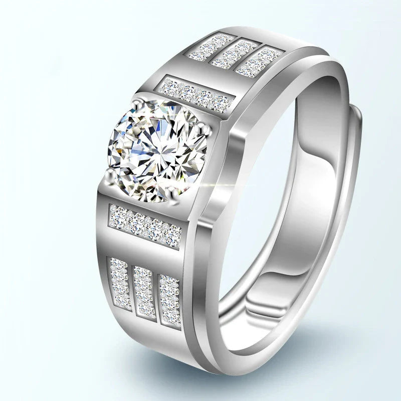 Premium S925 silver ring with a sparkling moissanite gemstone, suitable for unisex wear with an adjustable opening for a customized fit.