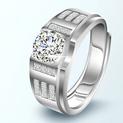 Premium S925 silver ring with a sparkling moissanite gemstone, suitable for unisex wear with an adjustable opening for a customized fit.