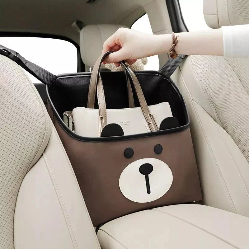 Cute Cartoon Leather Car Seat Organiser with Multi-Function Storage for Papers, Cups, and Phablet