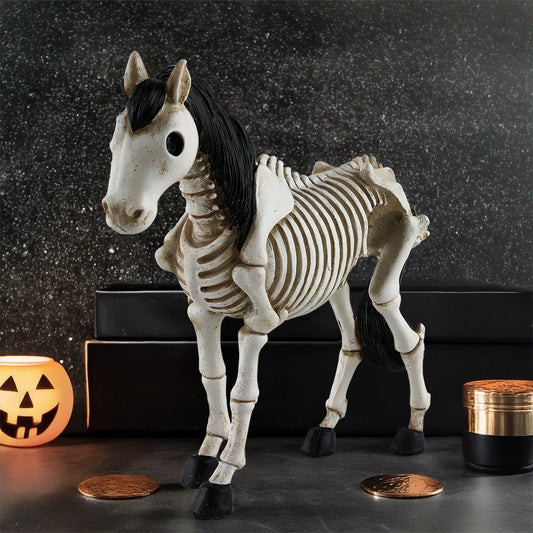 Detailed resin skeleton horse ornament in a spooky Halloween design, perfect for seasonal home decor
