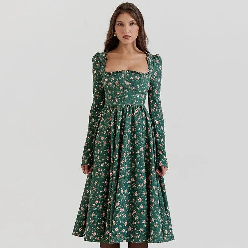 Elegant plaid A-line midi dress with square collar, backless design, and empire waistline