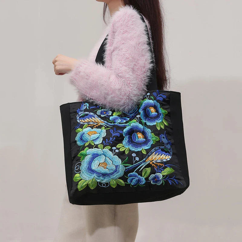 Elegant British Phoenix Embroidered Canvas Shoulder Bag for Women - Timeless Elegance and Cultural Heritage