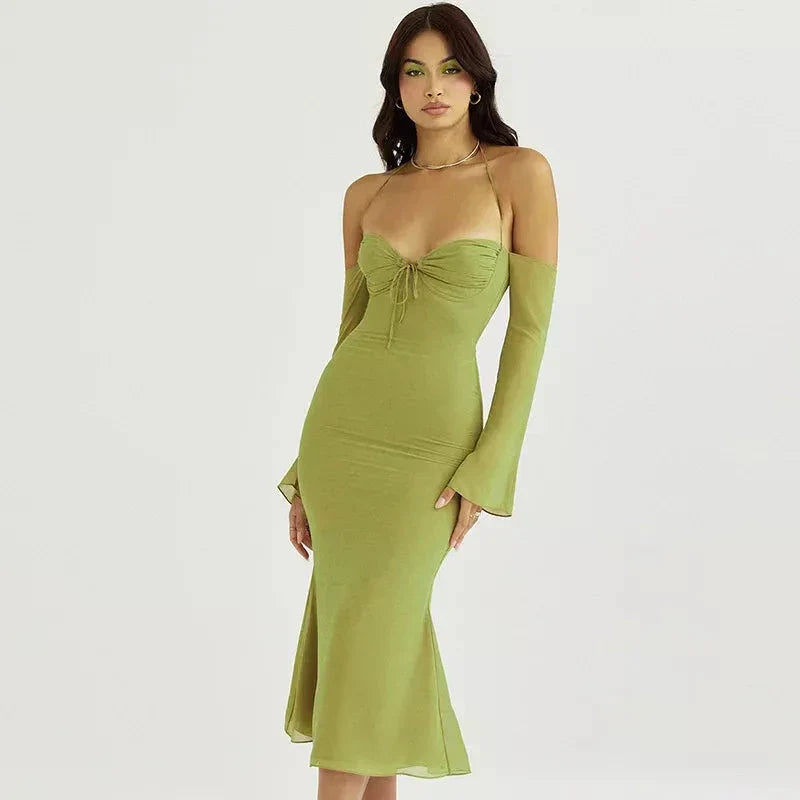 Elegant off-shoulder midi dress with lace-up back and mesh details, perfect for summer parties and events.