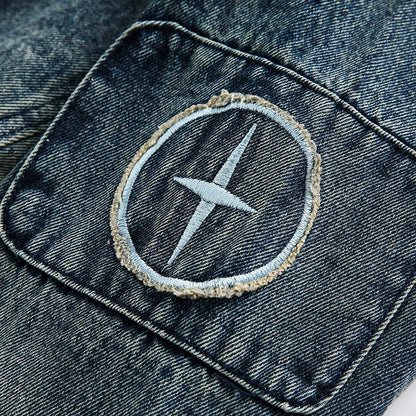Retro-inspired men's denim jacket with intricate embroidered detailing, perfect for casual and smart-casual outfits