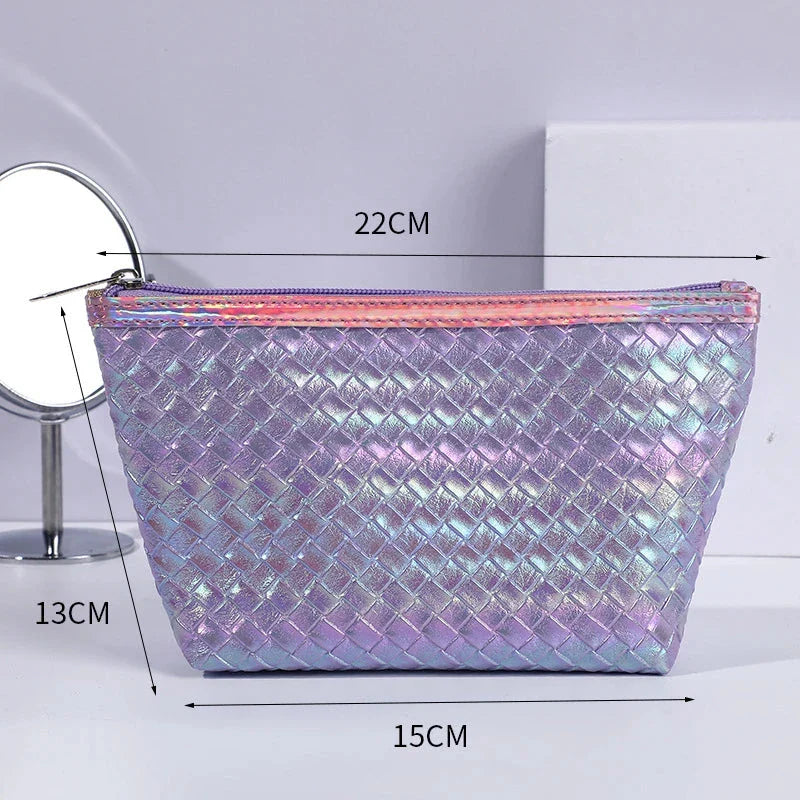 Large leather travel cosmetic bag with stylish paillette pattern, perfect for organising makeup and toiletries on the go