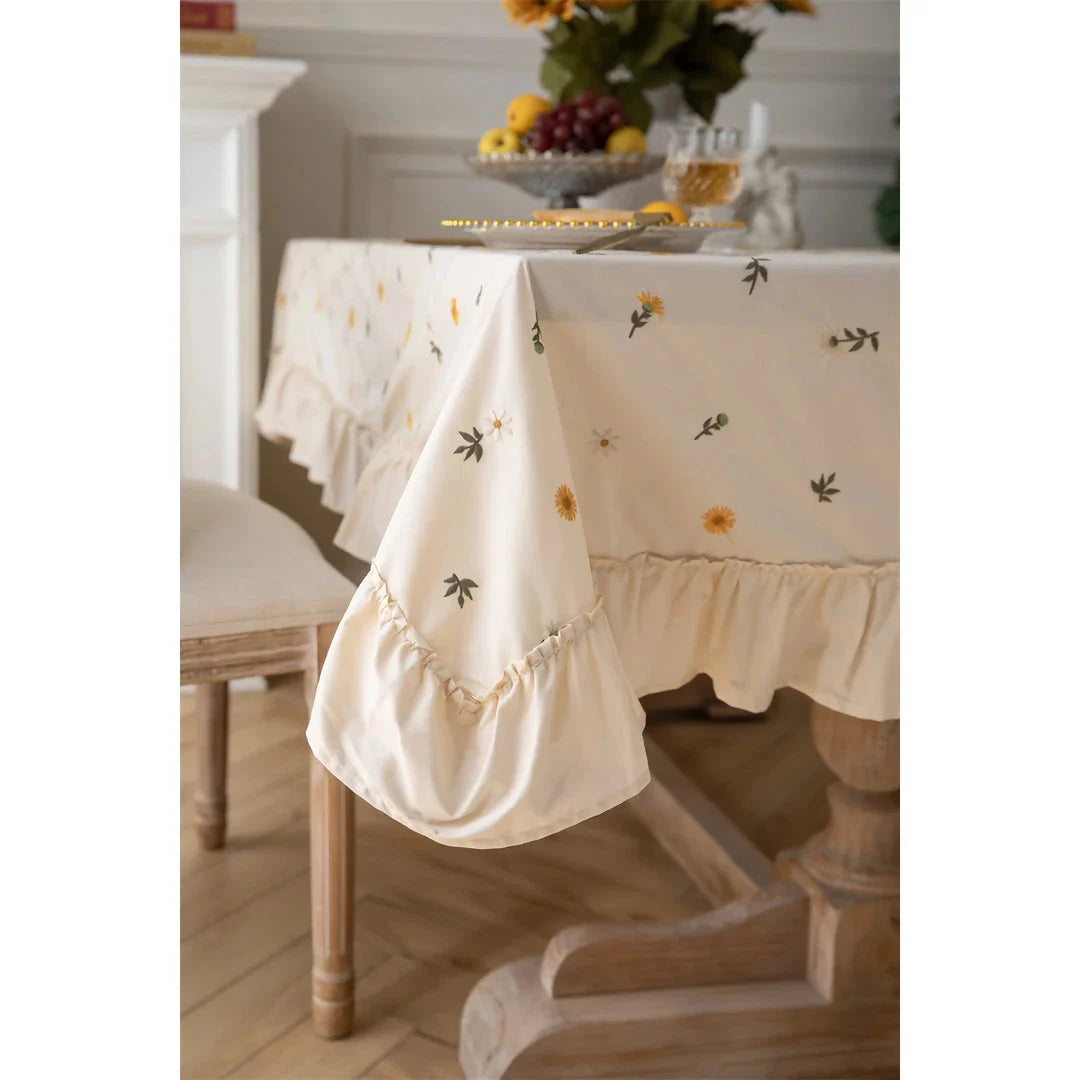 Elegant British Cotton Tablecloth with Intricate Apricot Embroidery and Lotus Leaf Edge