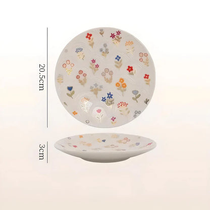 Elegant floral ceramic plate with intricate underglaze pattern, perfect for serving breakfast, lunch, dinner or desserts
