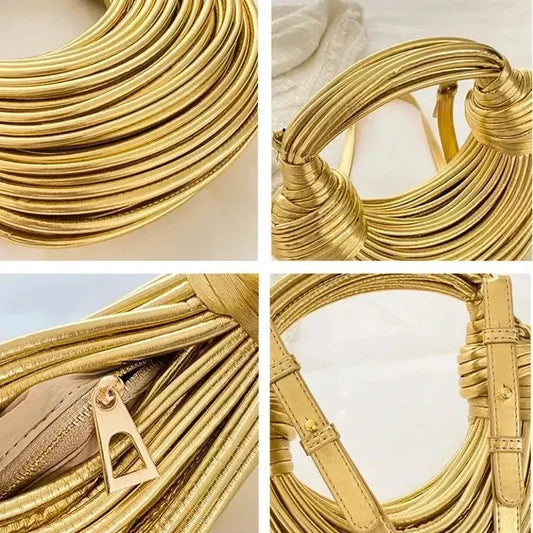Elegant golden noodle knot evening clutch bag made from premium soft PU leather