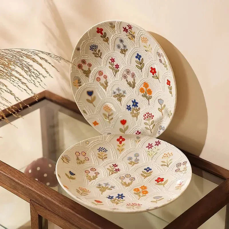 Elegant floral ceramic plate with intricate underglaze pattern, perfect for serving breakfast, lunch, dinner or desserts