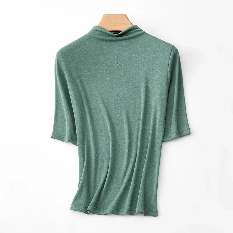 Women's Mock Neck Wool Blend T-Shirt in Pink - Elegant and Comfortable British-Inspired Design