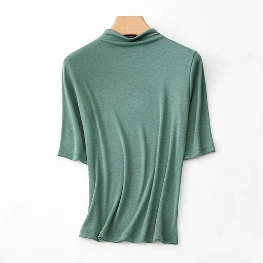 Women's Mock Neck Wool Blend T-Shirt in Pink - Elegant and Comfortable British-Inspired Design