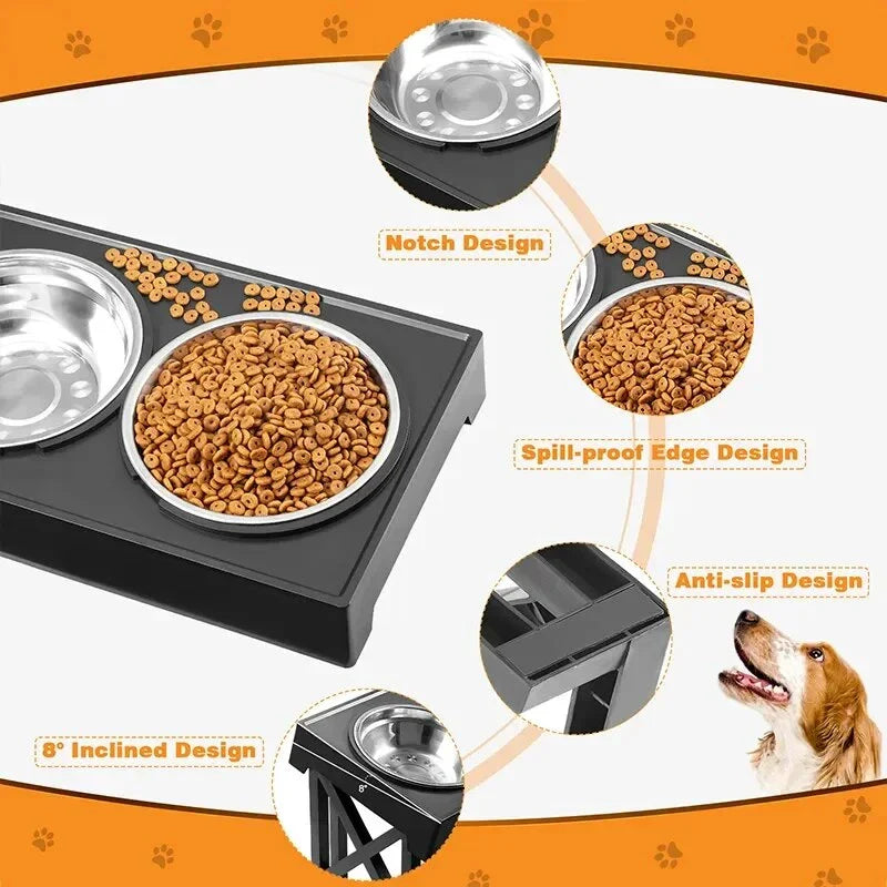 Adjustable height dog bowl stand with slow feeding option, suitable for medium to large dogs