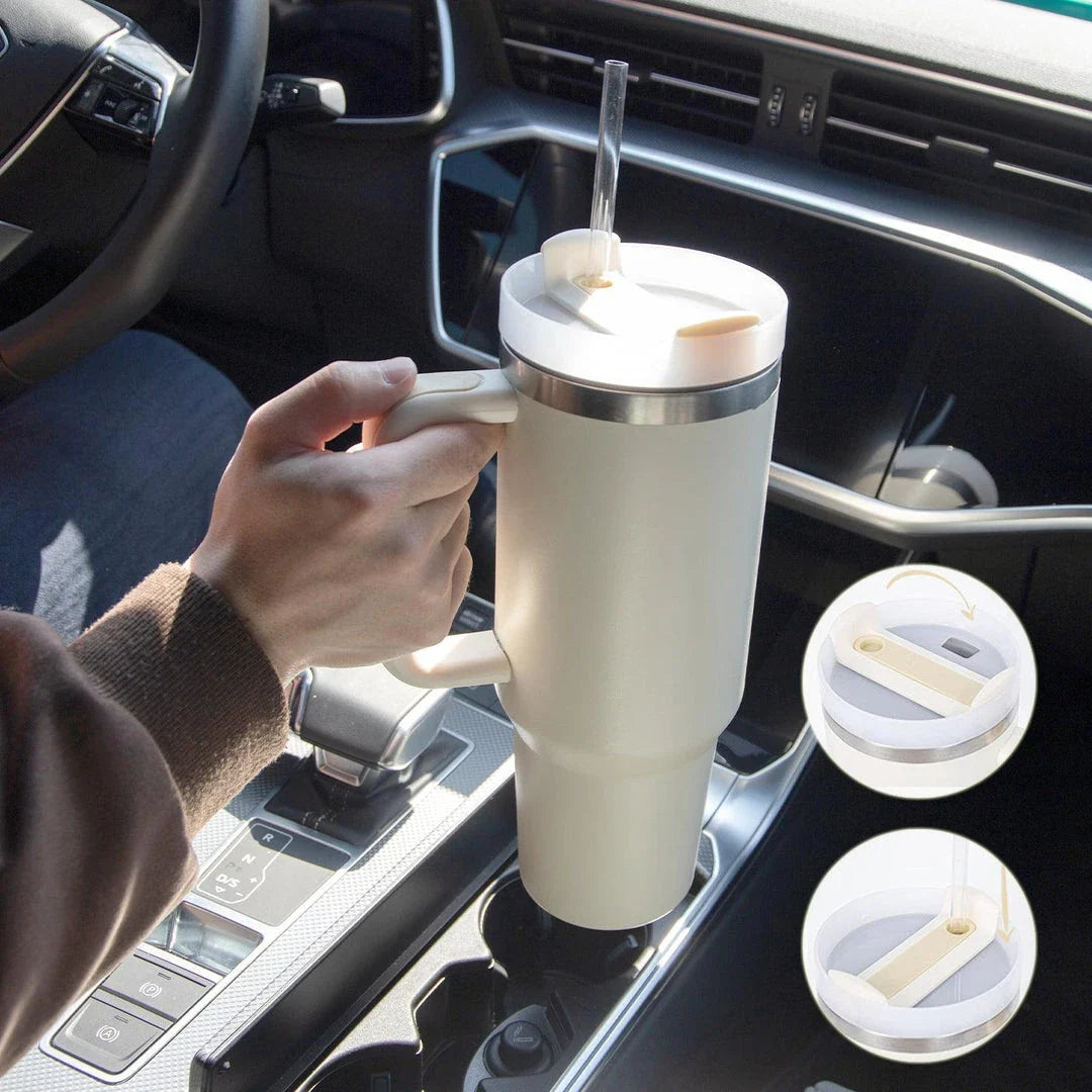 Premium insulated travel mug with straw, made of high-quality stainless steel to keep drinks hot or cold for up to 24 hours