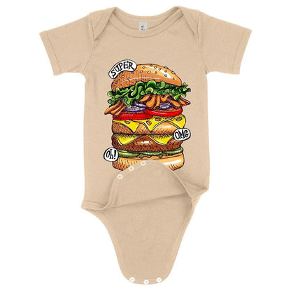 Soft and stretchy Baby Jersey Burger Onesie with flexible fit for babies 3-24 months