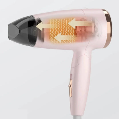 Compact foldable hair dryer with powerful 950W motor, adjustable settings, and lightweight, portable design for travel and student use