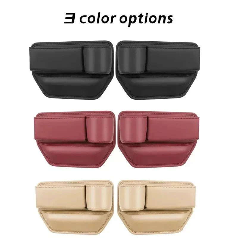 Leather Car Seat Gap Organiser with multiple storage compartments and cup holder, designed for easy installation and a sleek look in your vehicle.