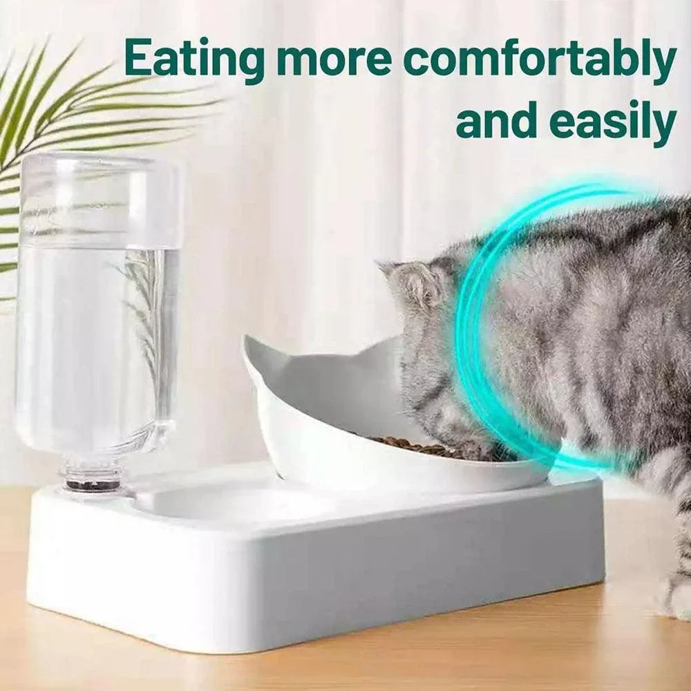 A sleek and rounded cat food and water bowl with an integrated water dispenser, made from high-quality plastic and designed for convenience and style.