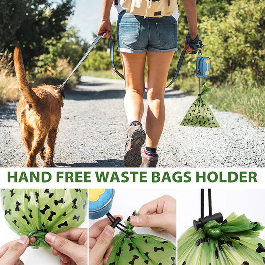 A heavy-duty, weatherproof dog poop bag dispenser made of Oxford fabric with a lavender-scented, leak-proof bag system.