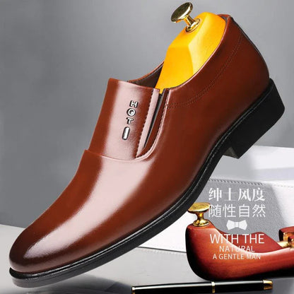 Premium leather elevator shoes with 6cm height boost and pointed toe design for professional men's business attire