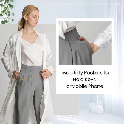 Chic silk wide-leg trousers in a sophisticated grey colour, featuring a high-waist design and relaxed fit for all-day comfort and style.