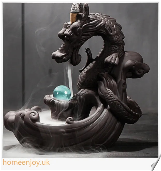 Handcrafted ceramic dragon incense burner with a mesmerizing waterfall design that diffuses calming aromas