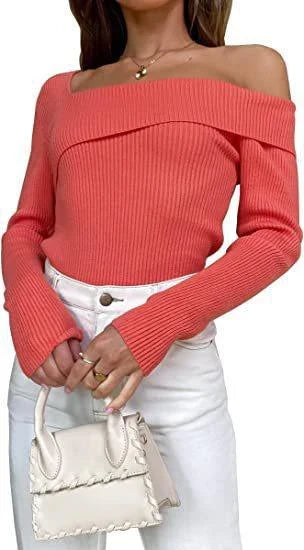 Elegant off-shoulder knitted sweater in various autumn colours, perfect for the British season