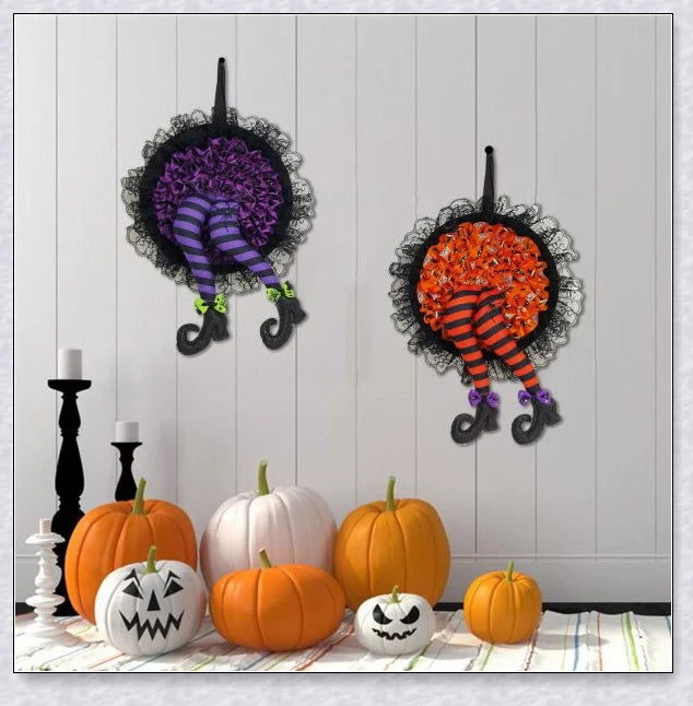 Halloween Witch Wreath with Intricate Lace, Striped Legs, and Glitter Boots for Spooktacular Seasonal Decor