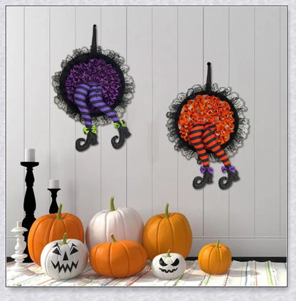 Halloween Witch Wreath with Intricate Lace, Striped Legs, and Glitter Boots for Spooktacular Seasonal Decor