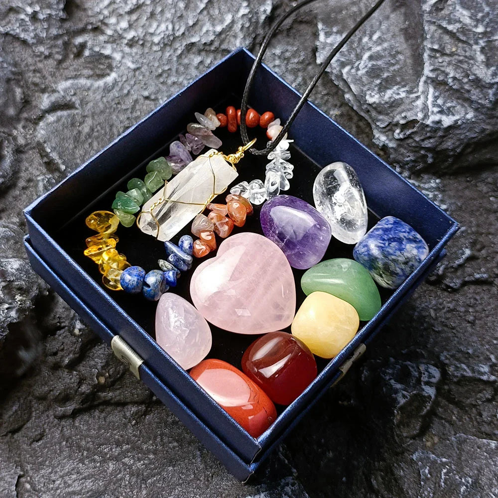 Elegant Crystal Jade Chakra Combination Set with Love Hexagon Pillar, a natural crystal ornament for meditation and spiritual practices