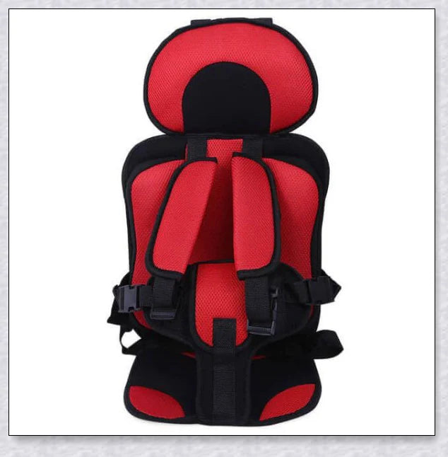 Adjustable infant car seat cushion with 5-point harness, plush padding, and foldable design for safe and comfortable travel with children