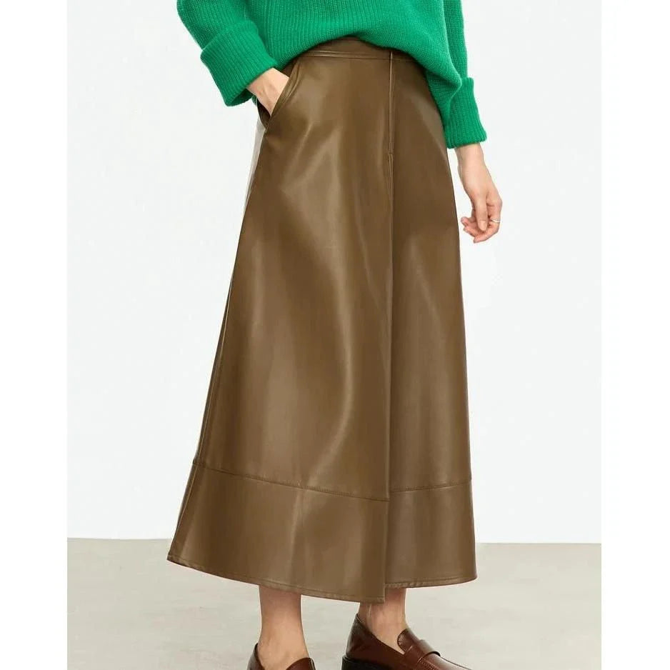 Elegant autumn ankle-length a-line leather midi skirt for women in black colour