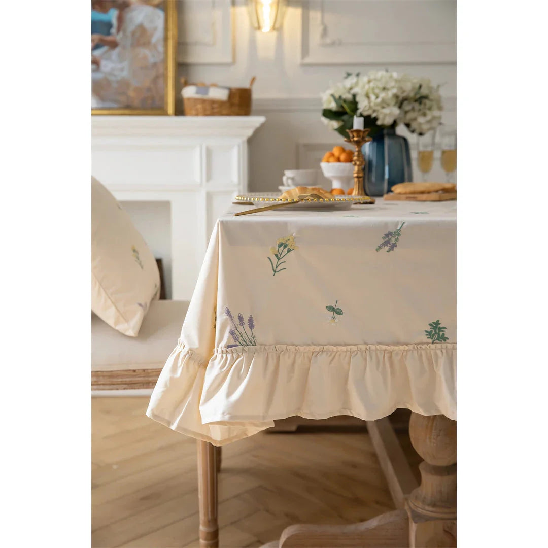 Elegant British Cotton Tablecloth with Intricate Apricot Embroidery and Lotus Leaf Edge