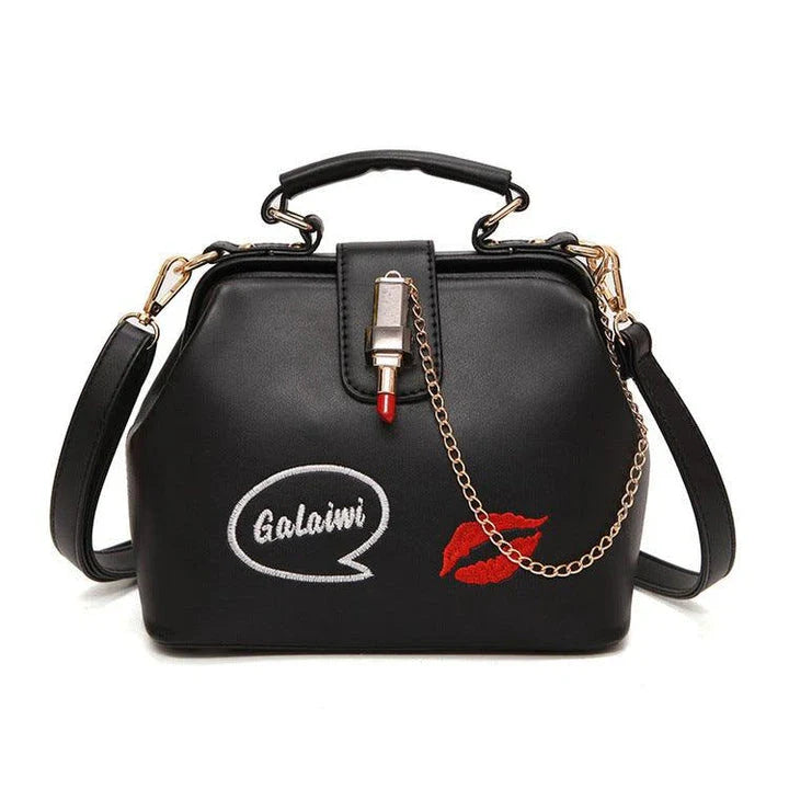 A stylish doctor's bag with a charming lipstick embroidery design, crafted from high-quality PU leather for the UK market.
